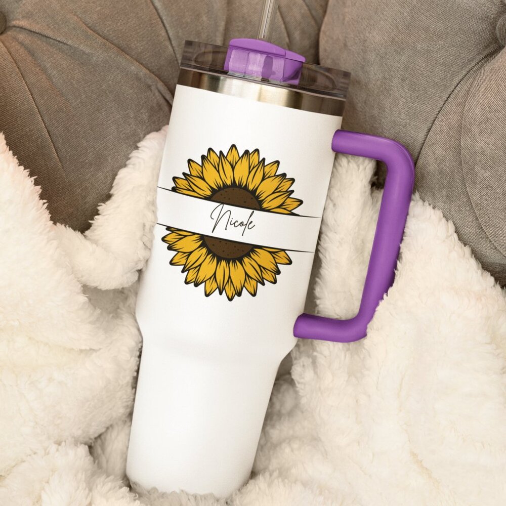 Personalized Sunflower Tumbler Christmas Gift, Custom Name 40oz Mug With Handle